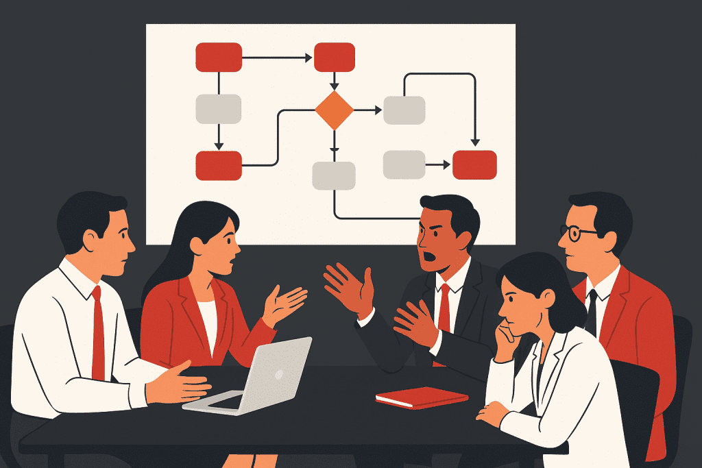 Vezetői megbeszélés és vita a cégen belüli folyamatokról.